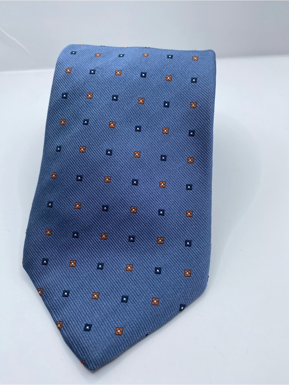 Brooks Brothers Light Blue Silk Tie with Orange and Navy Microdots